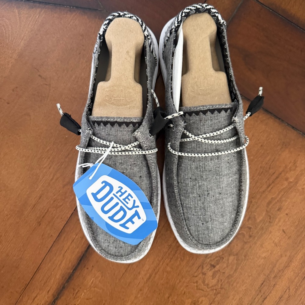 Hey Dude Wendy Womens Grey Canvas Slip On Loafer Moccasin Shoes Geometric Heel 8 - Picture 2 of 7
